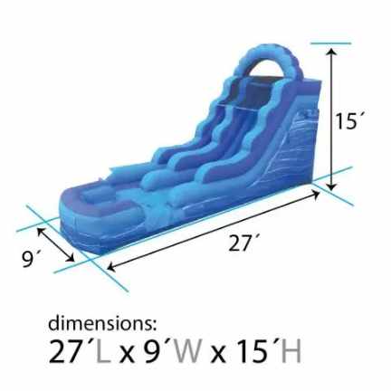 Blue Marble Water Slide Dimensions, 9 feet wide, by 27 feet long, by 15 feet high.