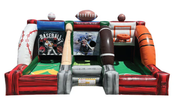 3 in 1 Sport Action featuring three sport sections, side by side, Home Run Slammer, Quaterback Snap and Basketball Free Throw