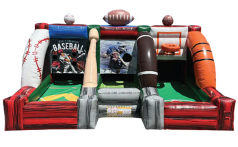 3 in 1 Sport Action featuring three sport sections, side by side, Home Run Slammer, Quaterback Snap and Basketball Free Throw