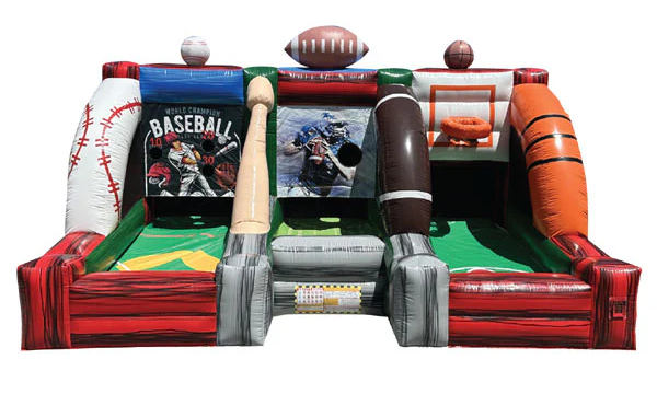 3 in 1 Sport Action featuring three sport sections, side by side, Home Run Slammer, Quaterback Snap and Basketball Free Throw